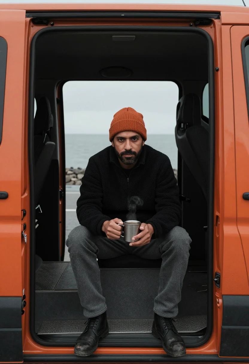 AI campervan winter orange sample — portrait of a man, framed three-quarter length from the head