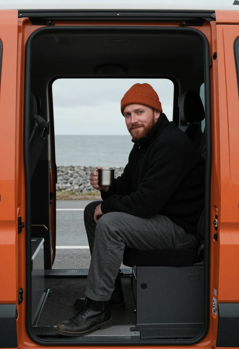 AI campervan winter orange sample — portrait of a man, framed tight, head and shoulders, the bod