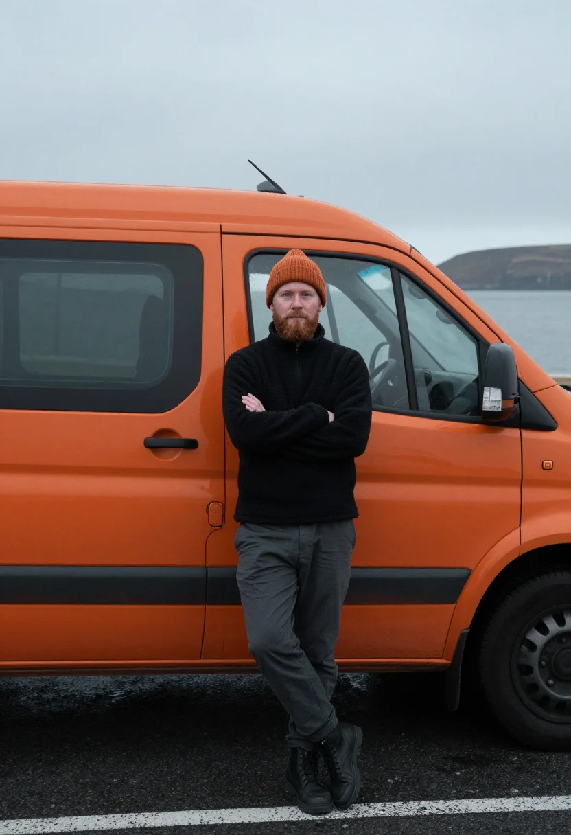 AI campervan winter orange sample — portrait of a man, framed chest-up, cropped at the ribs, the