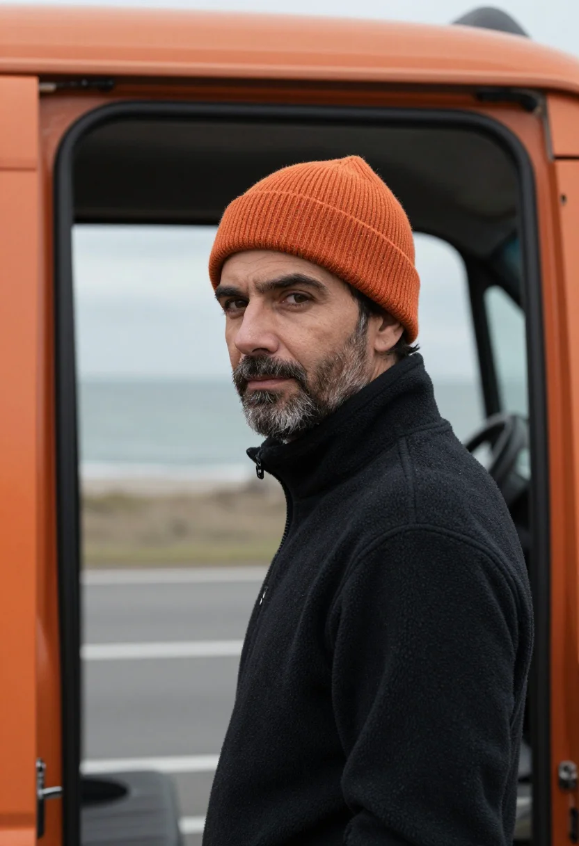 AI campervan winter orange sample — portrait of a man, framed tight, head and shoulders from a t