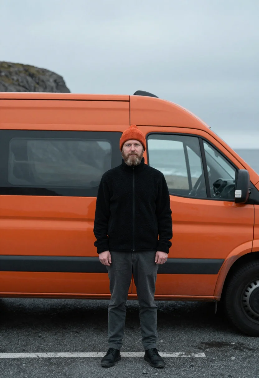 AI campervan winter orange sample — portrait of a man, framed tight, head and shoulders, the bod