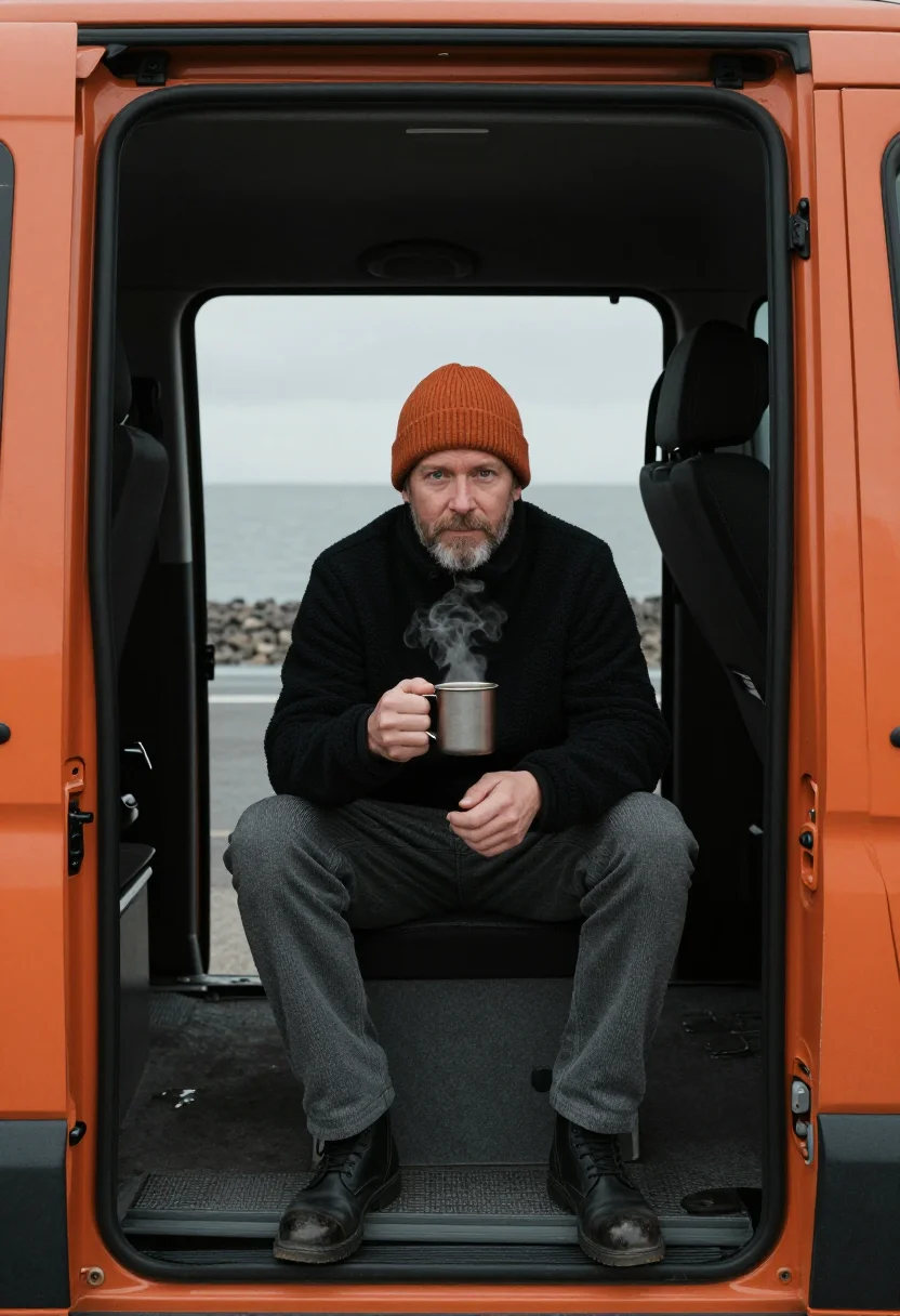 AI campervan winter orange sample — portrait of a man, framed chest-up, cropped at the ribs, the