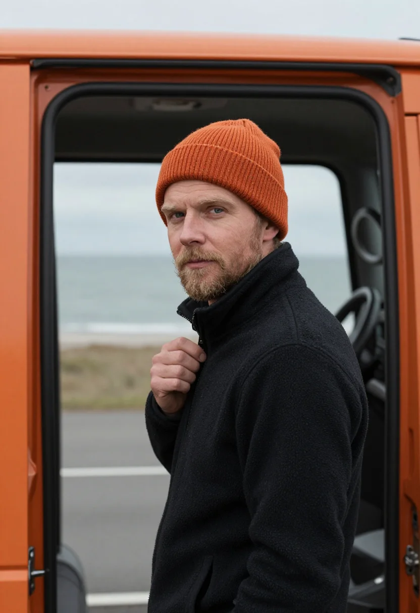 AI campervan winter orange sample — portrait of a man, framed chest-up, cropped at the ribs, the