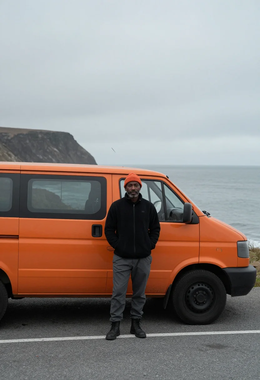 AI campervan winter orange sample — portrait of a man, framed wide and full-length from across t