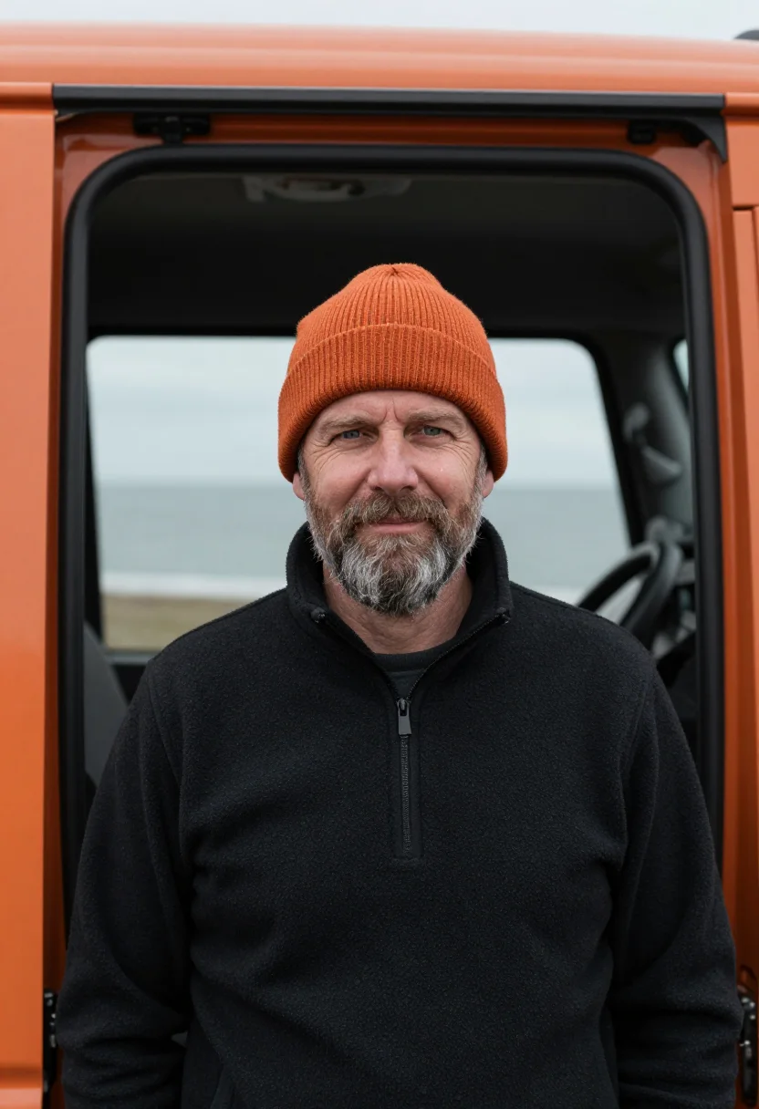 AI campervan winter orange sample — portrait of a man, framed tight, head and shoulders, the bod