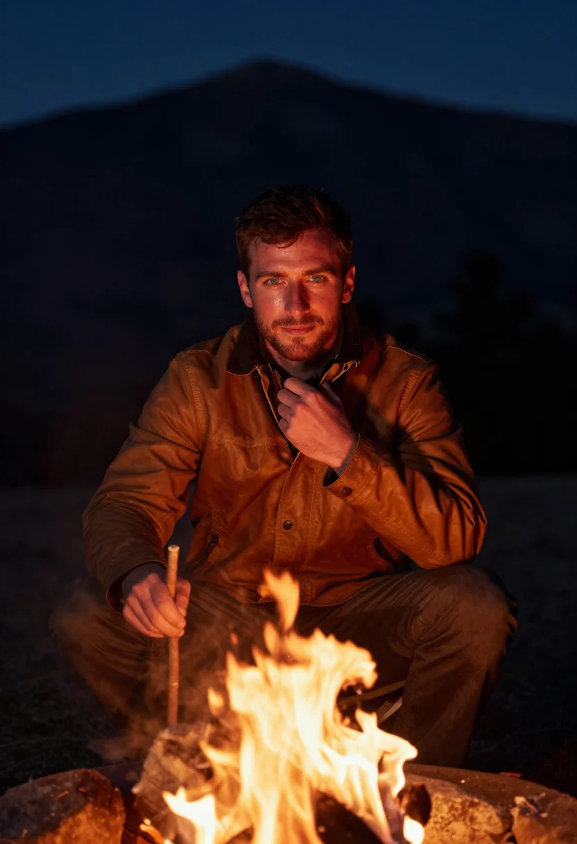 AI campfire sample — portrait of a man, chest-up portrait of a man in his early t