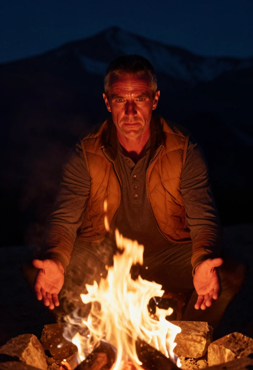 AI campfire sample — portrait of a man, chest-up portrait of a man in his mid-for