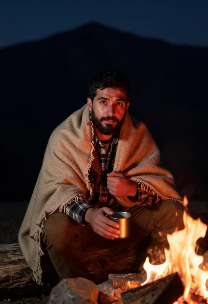 AI campfire sample — portrait of a man, chest-up portrait of a man in his late th