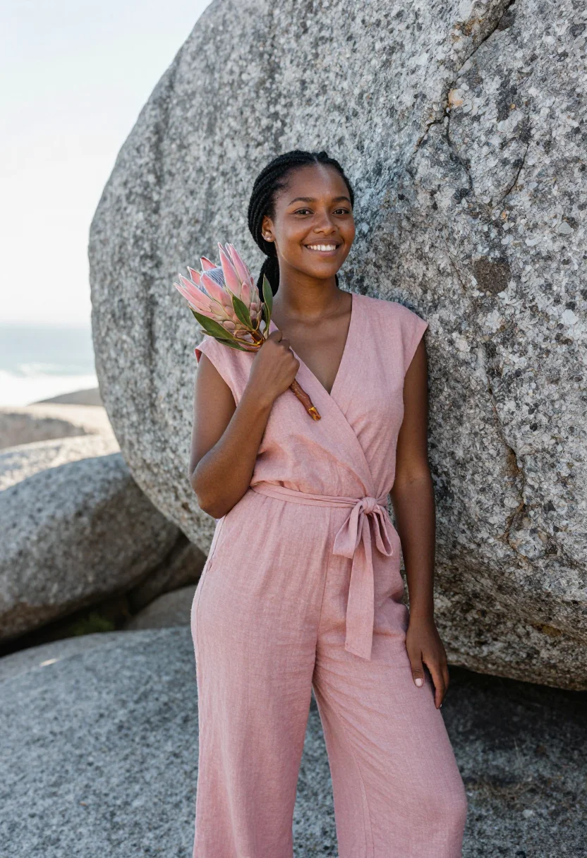 AI camps bay protea pink grey sample — portrait of a woman, framed half-length from the head to the