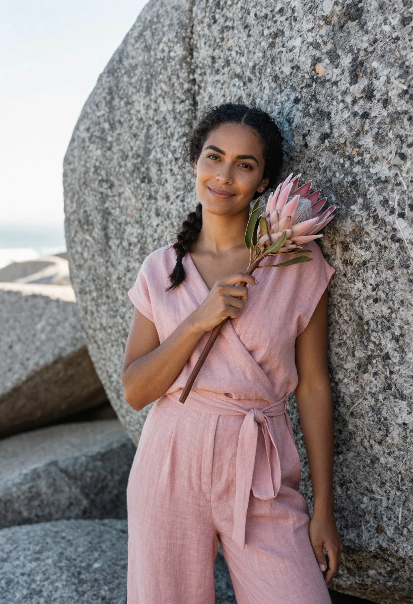 AI camps bay protea pink grey sample — portrait of a woman, framed chest-up to the ribs, the body c