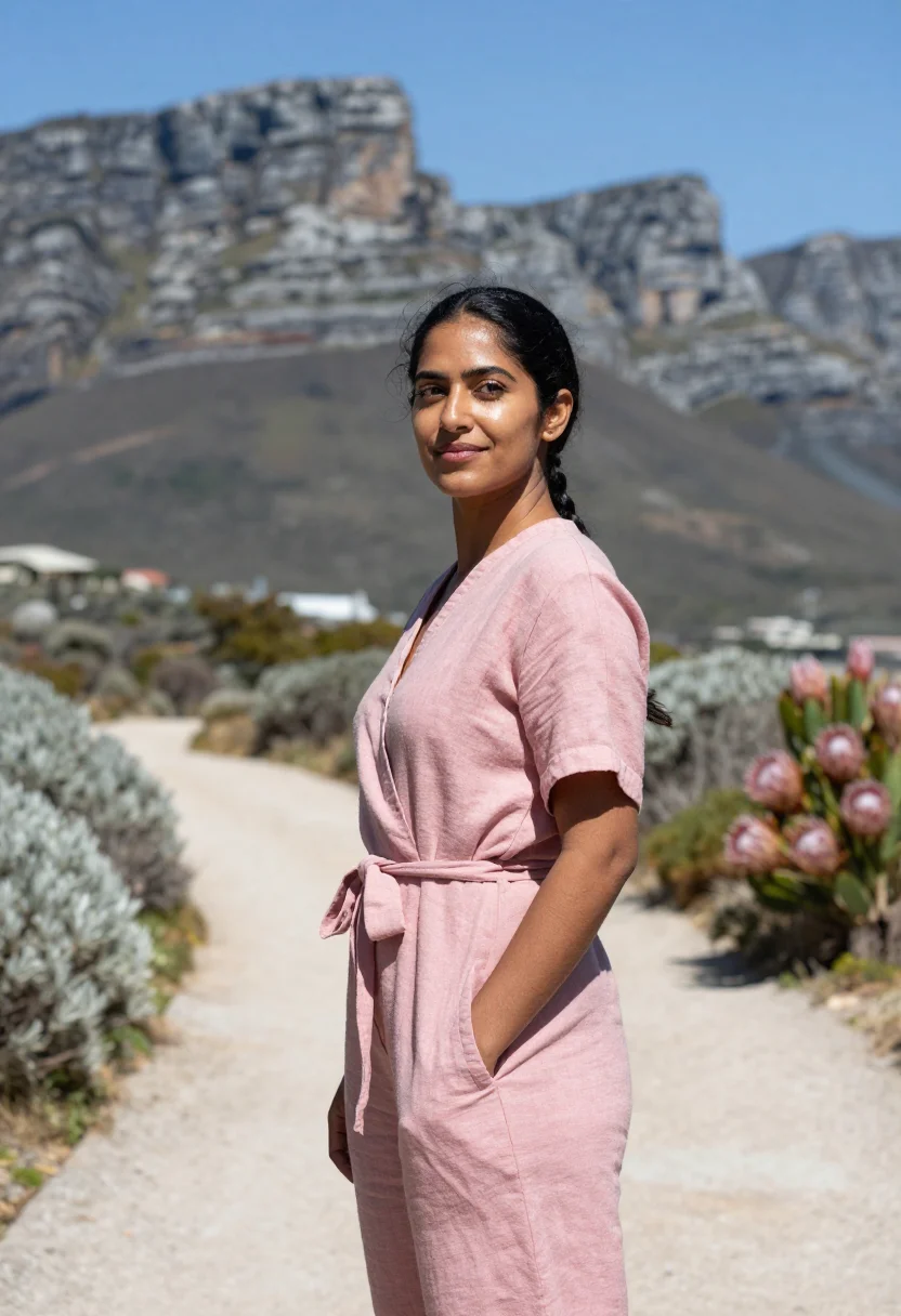 AI camps bay protea pink grey sample — portrait of a woman, framed chest-up to the ribs, the body c
