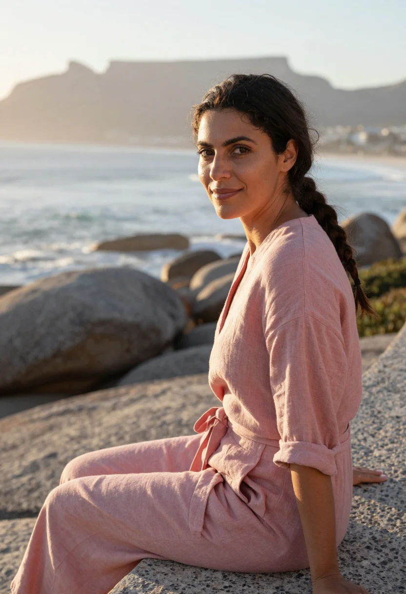 AI camps bay protea pink grey sample — portrait of a woman, framed tight, head and shoulders, the b
