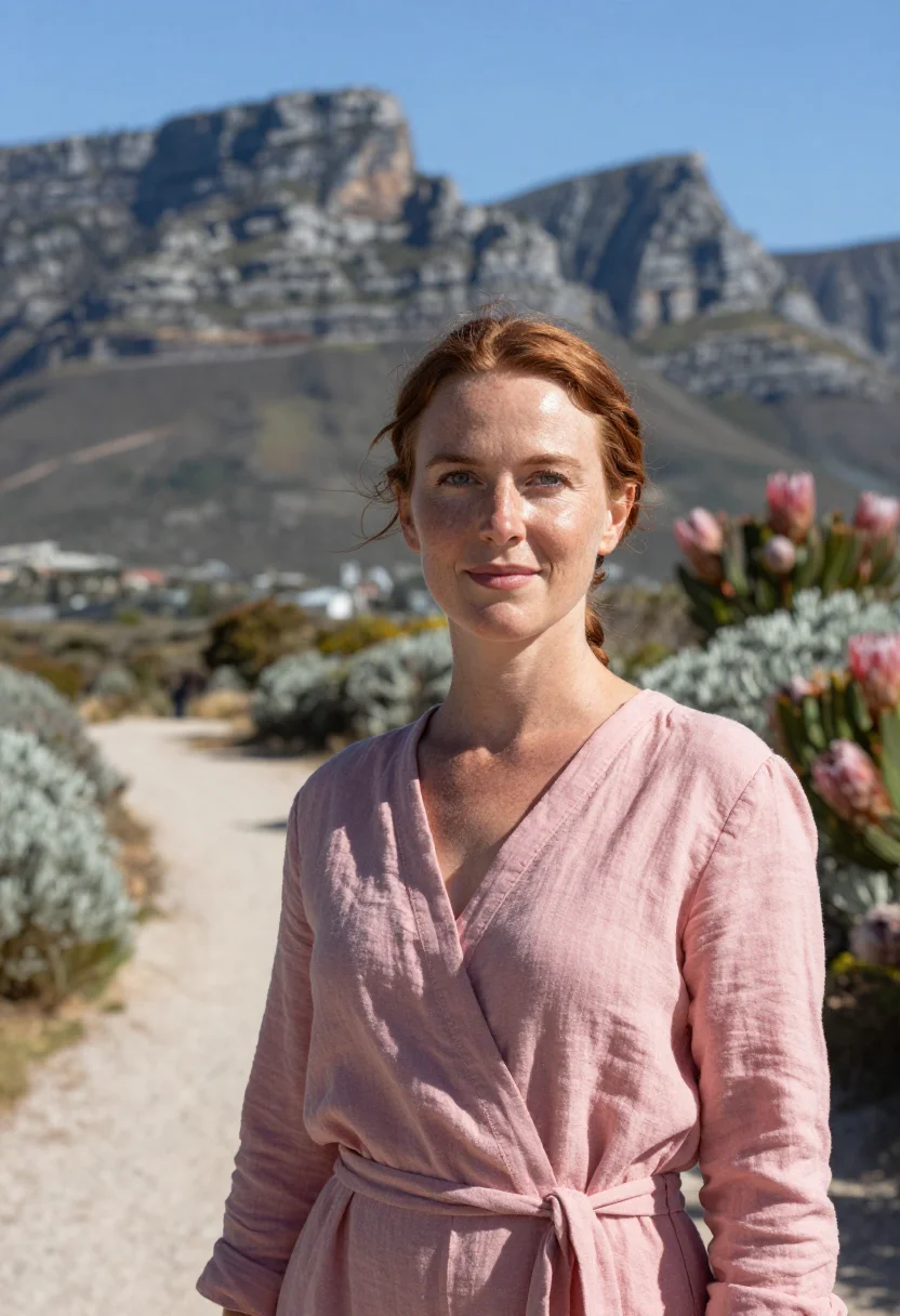 AI camps bay protea pink grey sample — portrait of a woman, framed tight, head and shoulders, the b