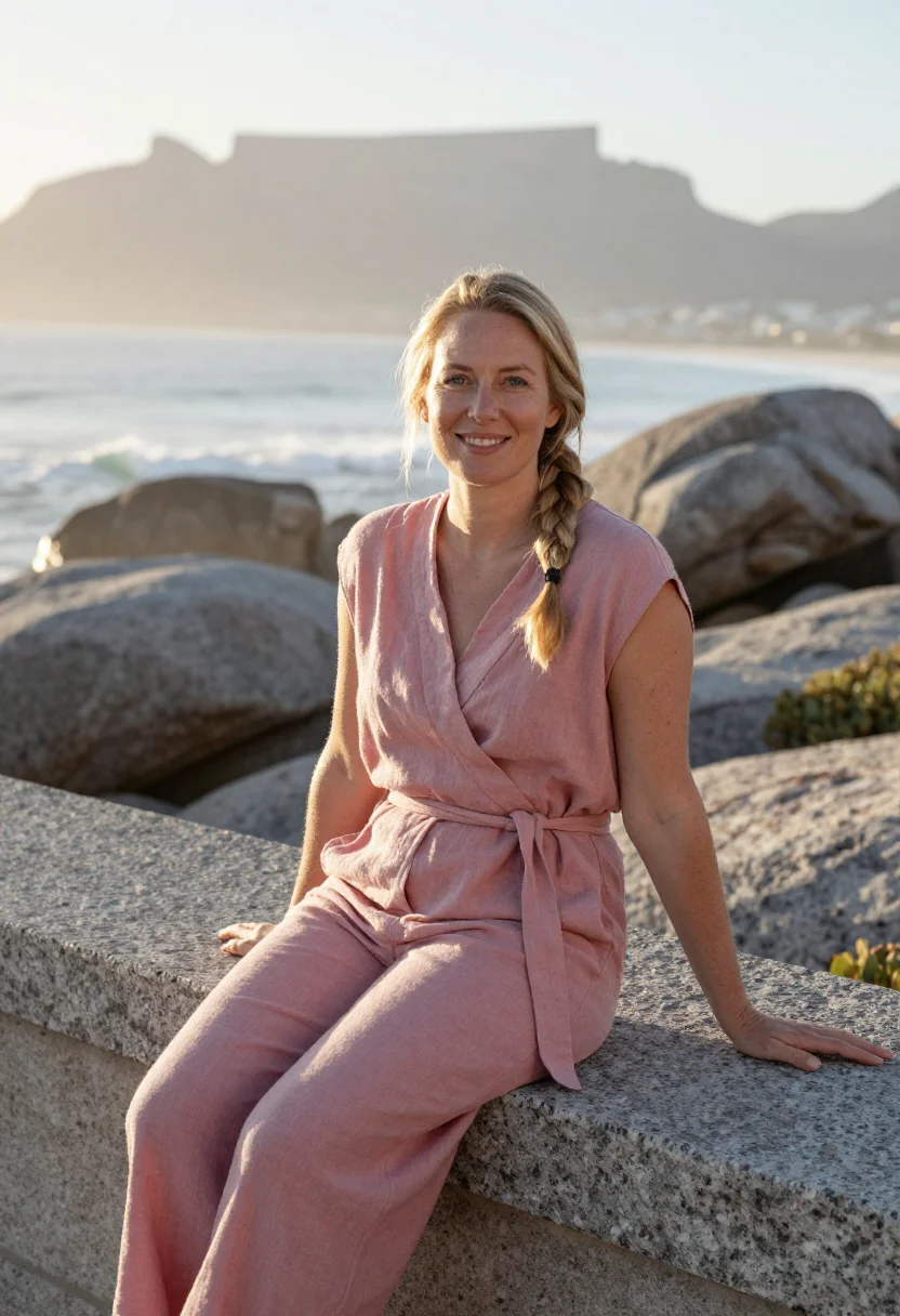AI camps bay protea pink grey sample — portrait of a woman, framed half-length from the head to the