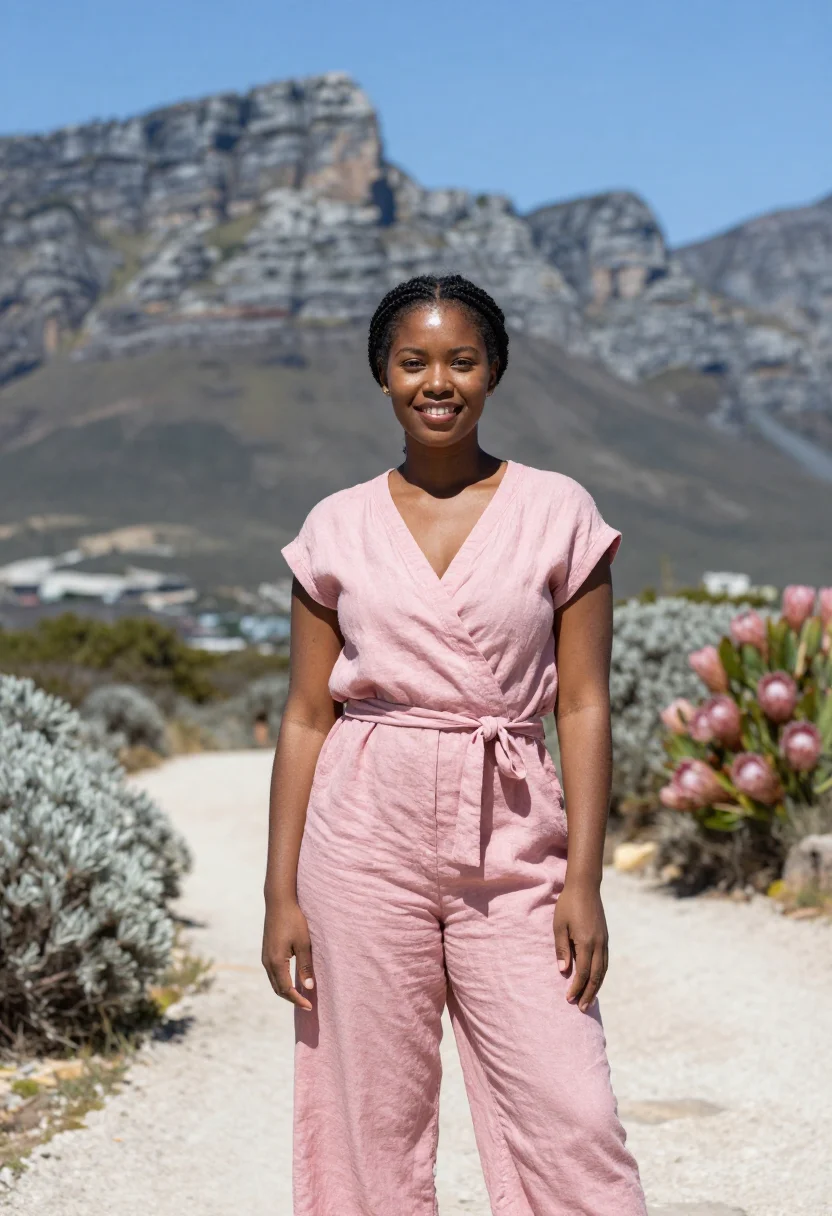 AI camps bay protea pink grey sample — portrait of a woman, framed half-length from the head to the