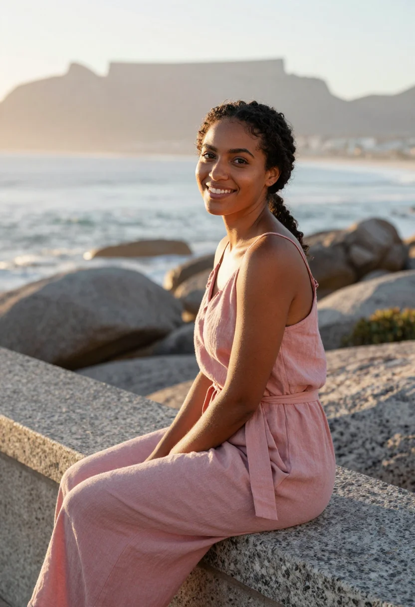 AI camps bay protea pink grey sample — portrait of a woman, framed chest-up to the ribs, the body c