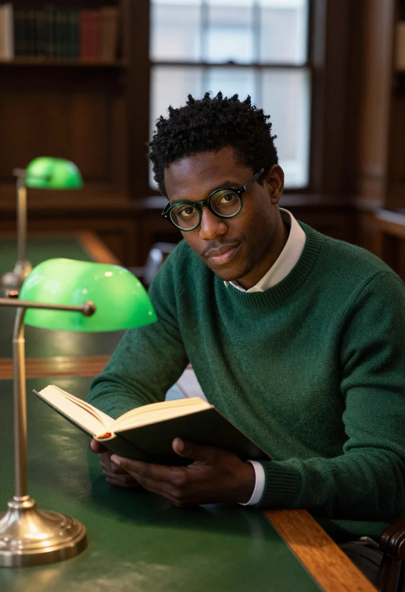 AI campus library green sample — portrait of a man, framed tight, head and shoulders, the bod
