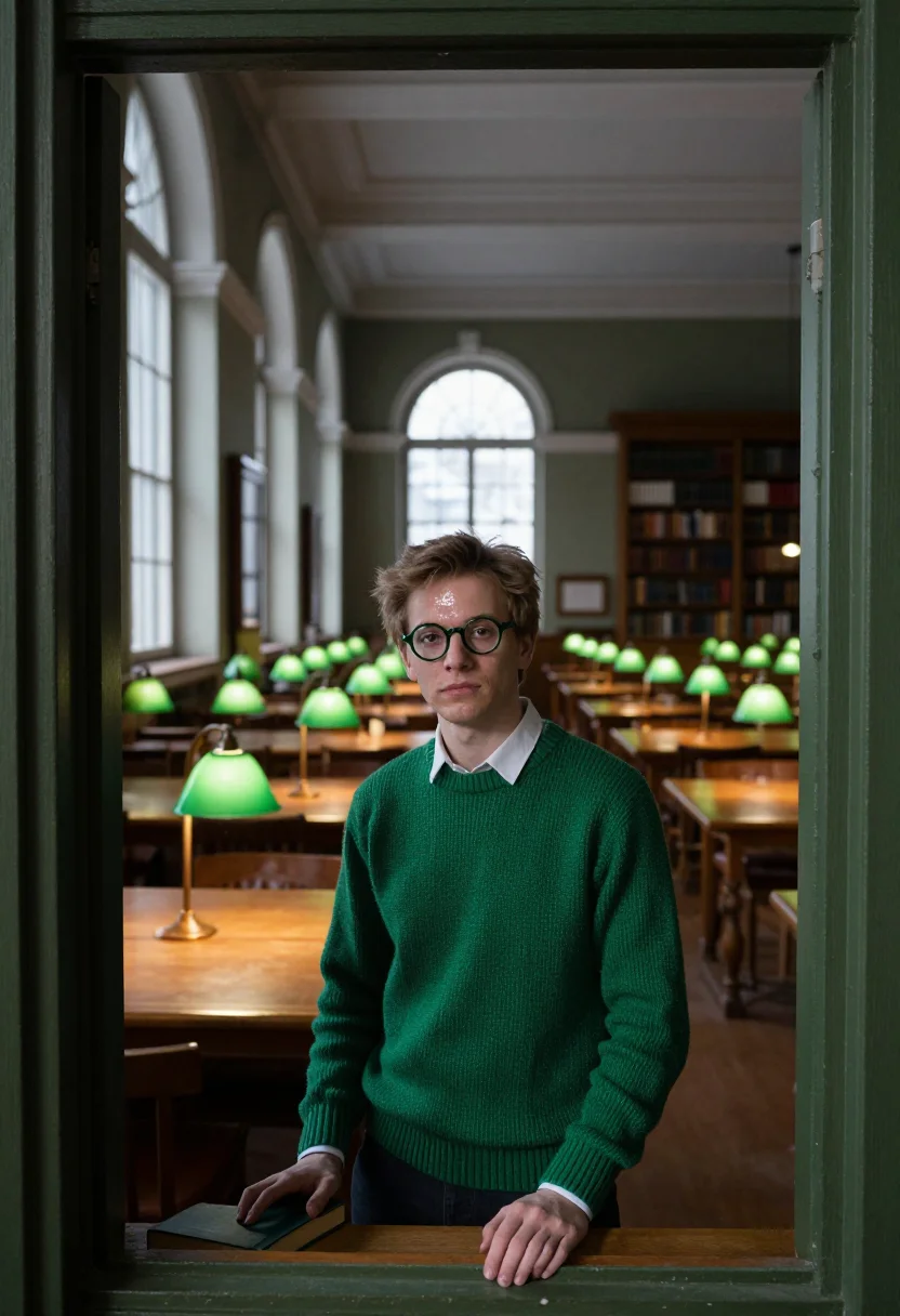 AI campus library green sample — portrait of a man, framed wide from the doorway at standing