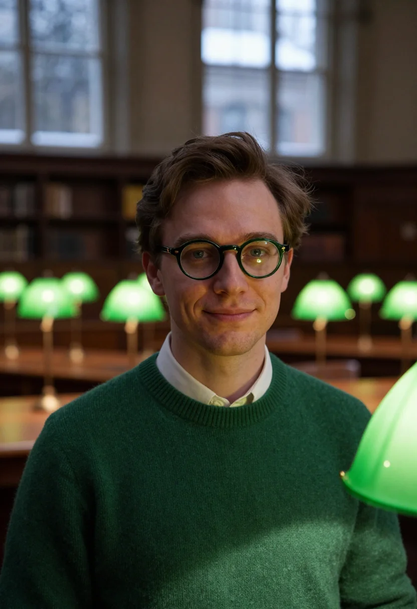 AI campus library green sample — portrait of a man, framed tight, head and shoulders, the bod
