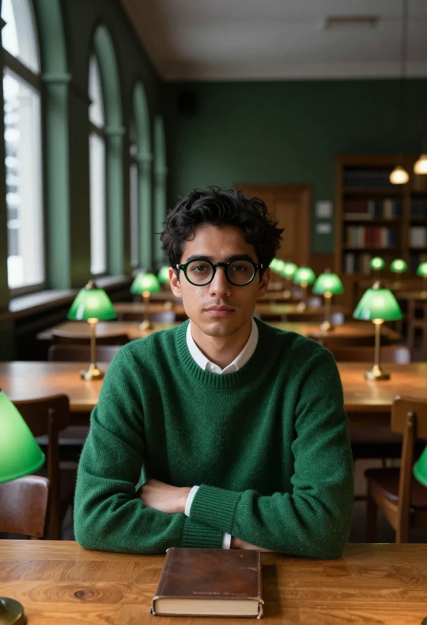 AI campus library green sample — portrait of a man, framed chest-up, the camera at eye height