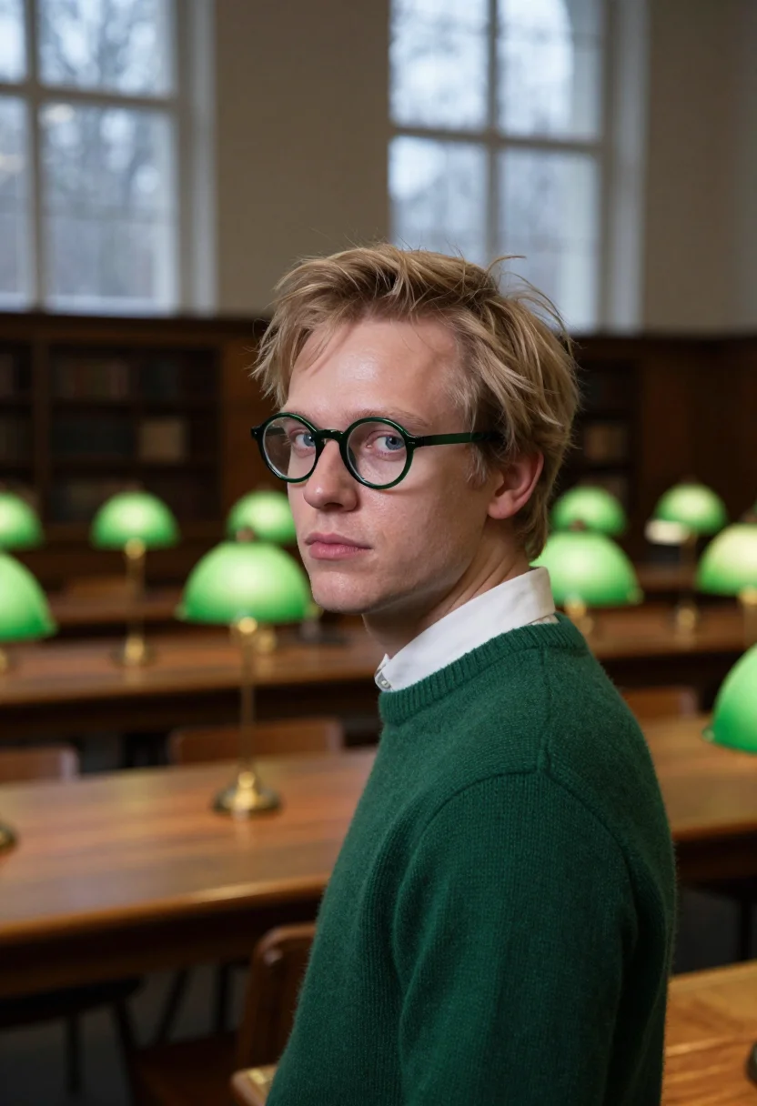 AI campus library green sample — portrait of a man, framed tight, head and shoulders, the bod