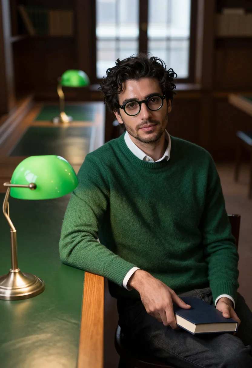 AI campus library green sample — portrait of a man, framed half-length, from the head to the