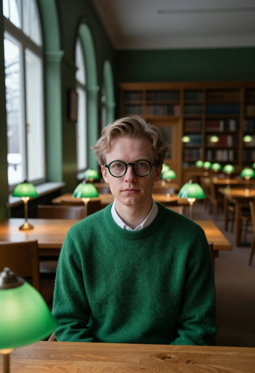 AI campus library green sample — portrait of a man, framed tight, head and shoulders, the bod