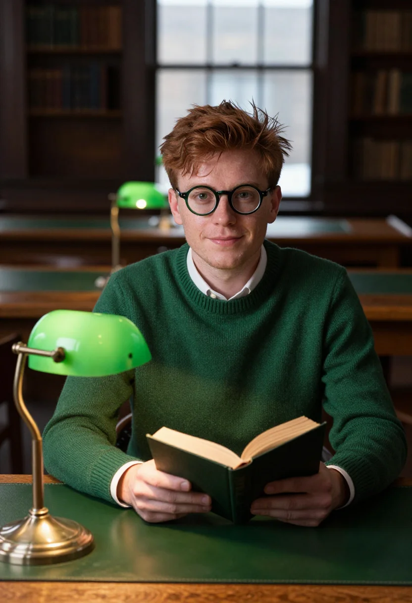 AI campus library green sample — portrait of a man, framed chest-up, the camera at eye height