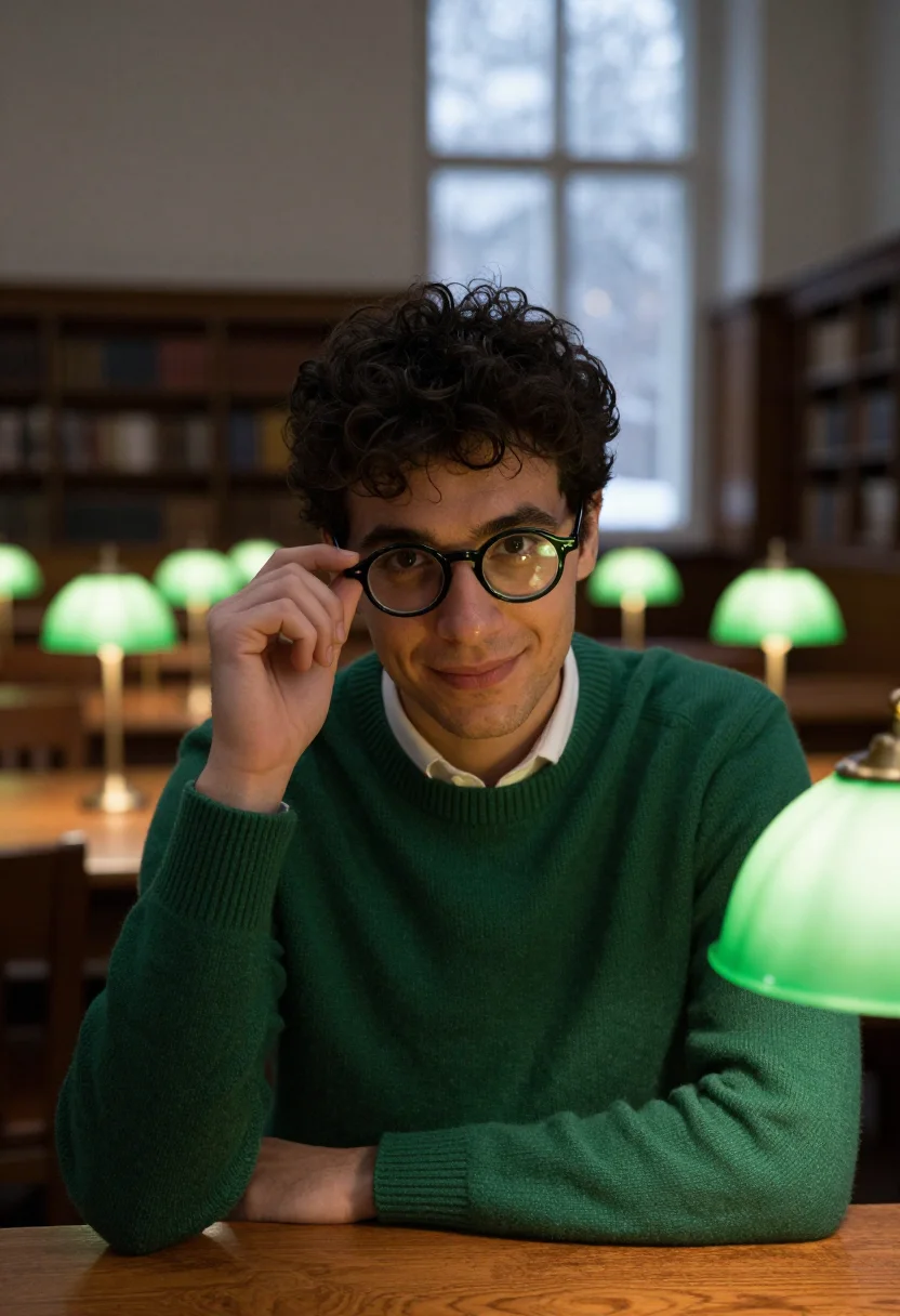 AI campus library green sample — portrait of a man, framed chest-up, the camera at eye height