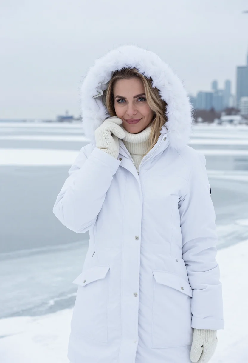 AI canada goose toronto expedition parka arctic white sample — portrait of a woman, a Ukrainian-Canadian woman in her late