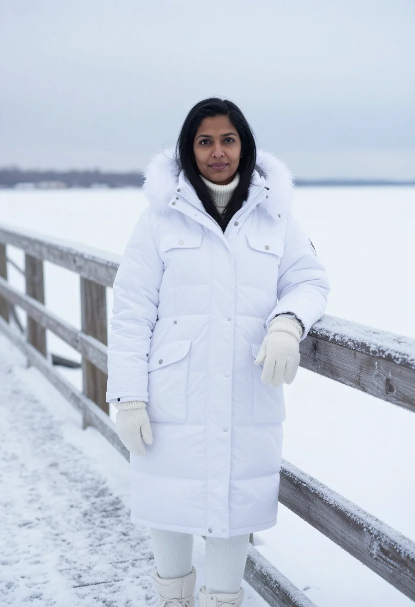AI canada goose toronto expedition parka arctic white sample — portrait of a woman, a South Asian Canadian woman in her ear