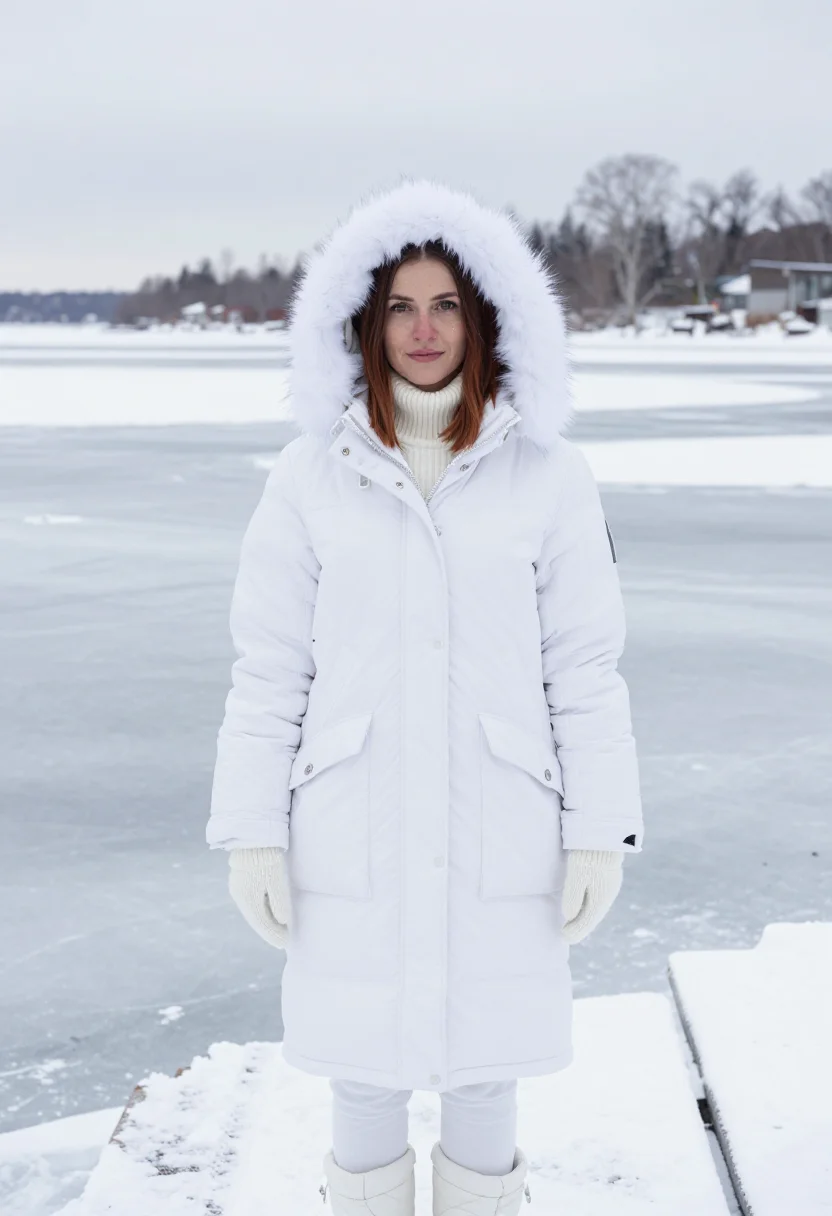 AI canada goose toronto expedition parka arctic white sample — portrait of a woman, a French woman in her mid-thirties with