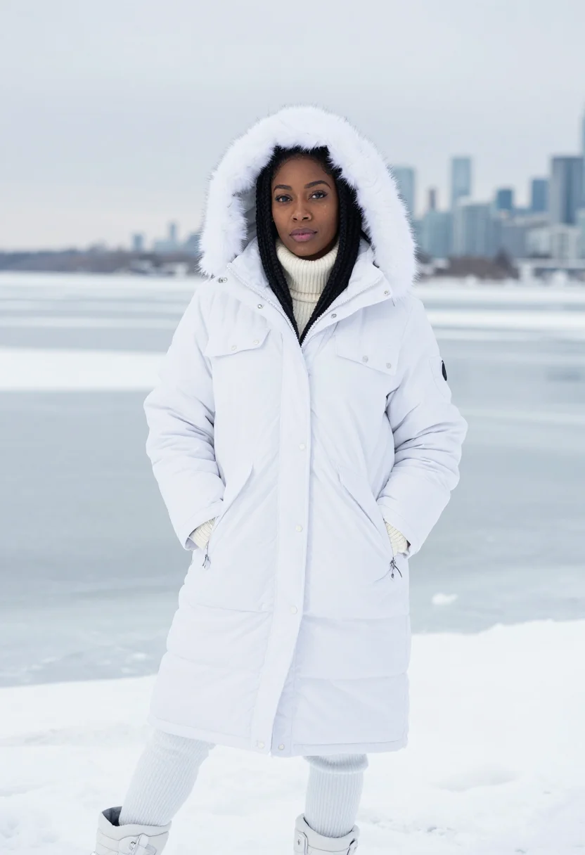 AI canada goose toronto expedition parka arctic white sample — portrait of a woman, a Jamaican-Canadian woman in her early