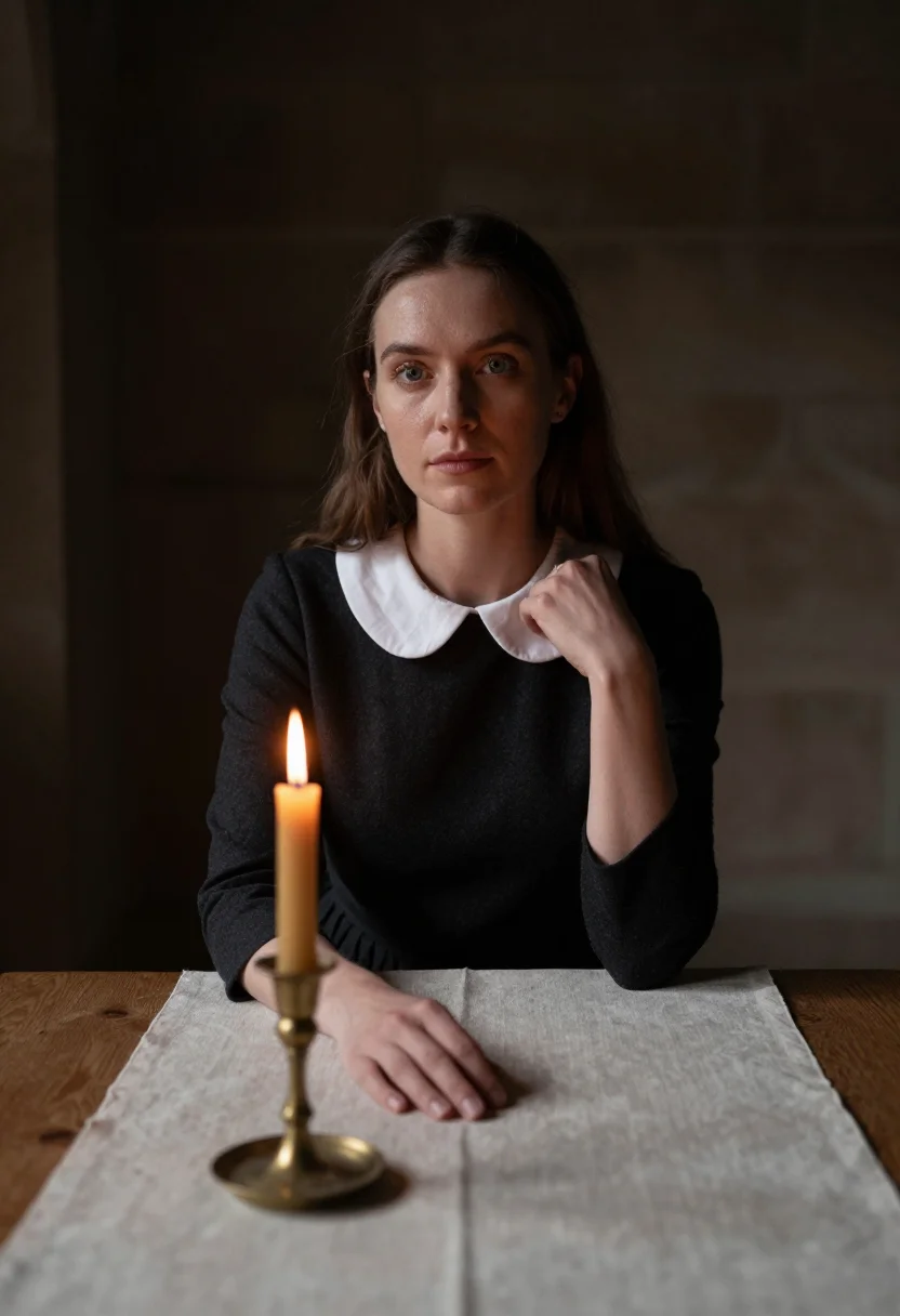 AI candlelight sample — portrait of a woman, chest-up portrait of a woman in her ear