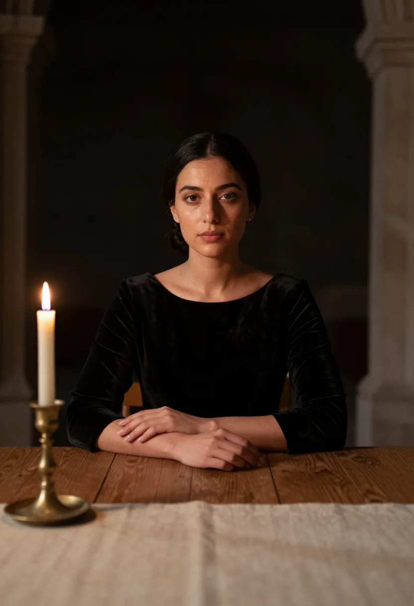 AI candlelight sample — portrait of a woman, chest-up portrait of a woman in her lat