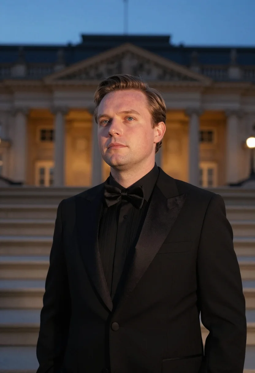 Black tie photoshoot — black tuxedo and satin shawl lapel, formal event portrait at the top of the staircase