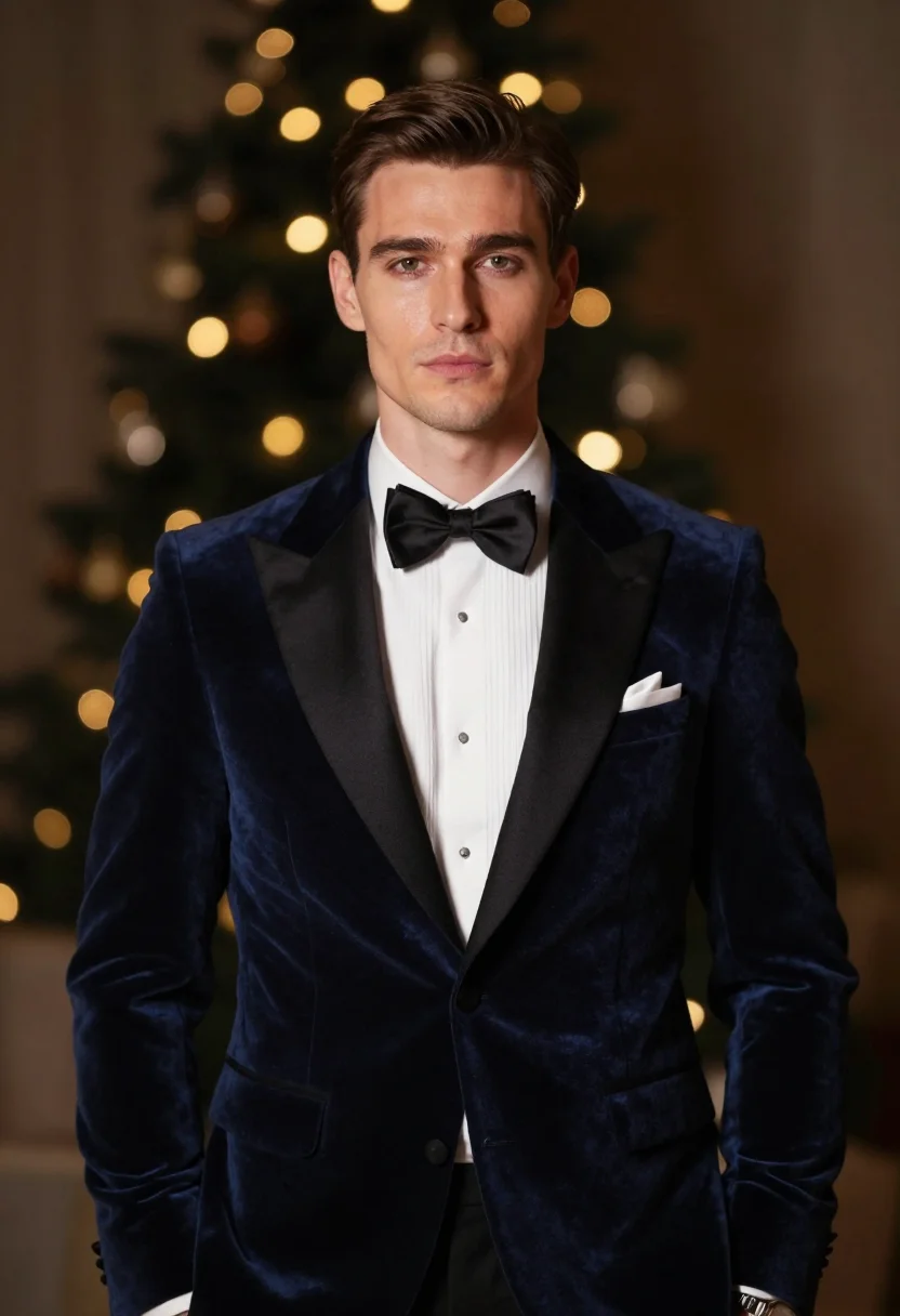 Black tie photoshoot — midnight-blue velvet dinner jacket and bow tie, formal event portrait, warm bokeh
