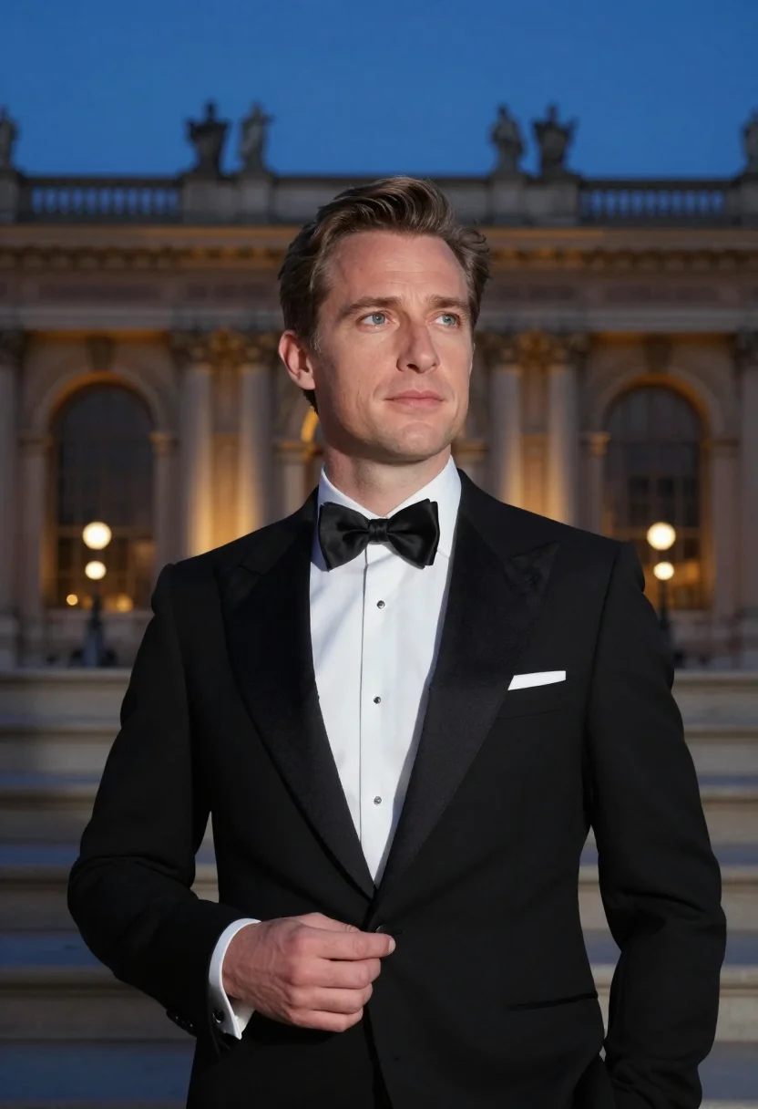 Black tie photoshoot — classic black tuxedo on the steps, formal event photo under Mediterranean twilight