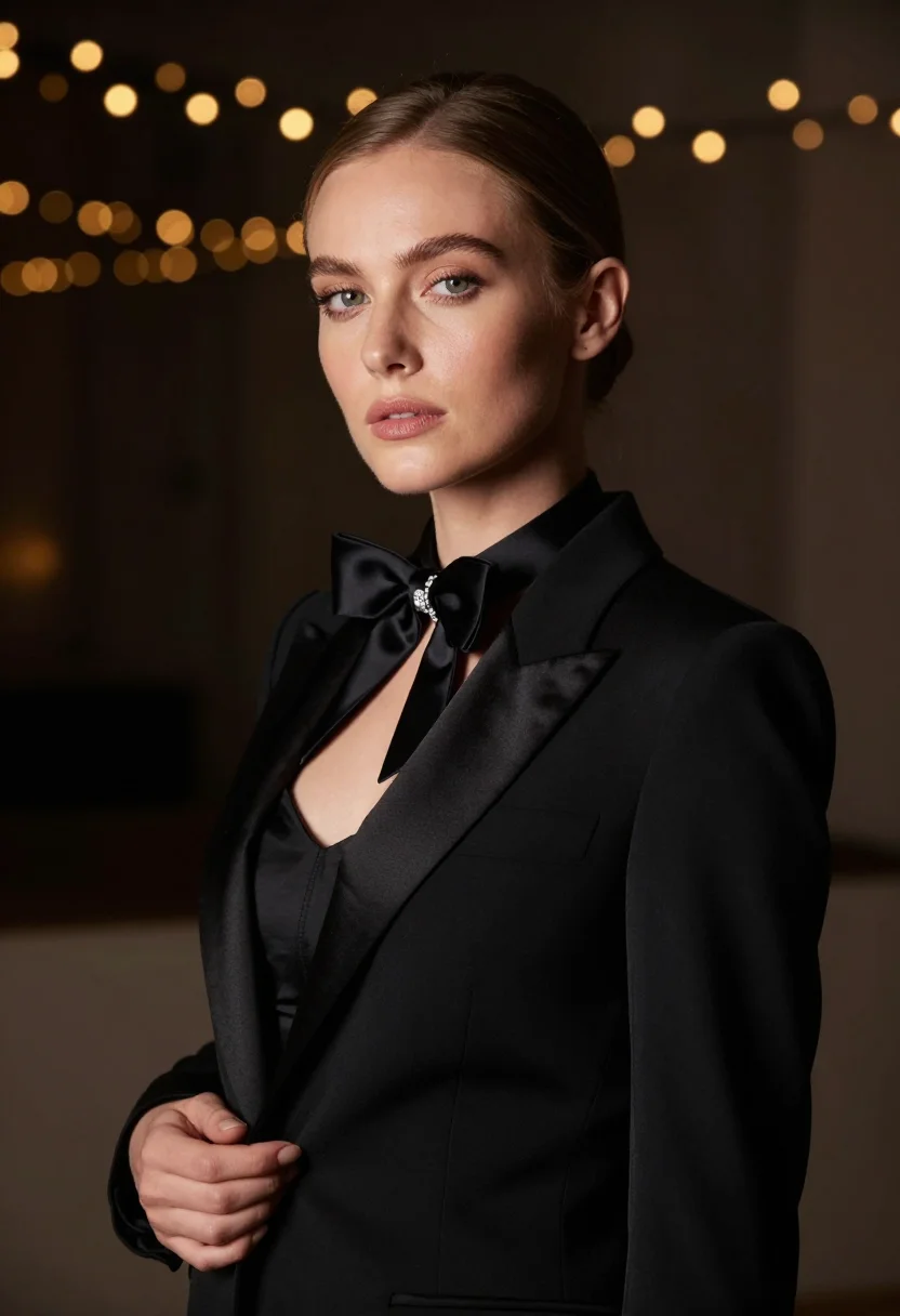 Black tie photoshoot — black satin tuxedo jacket in the women's black-tie idiom, festival bokeh