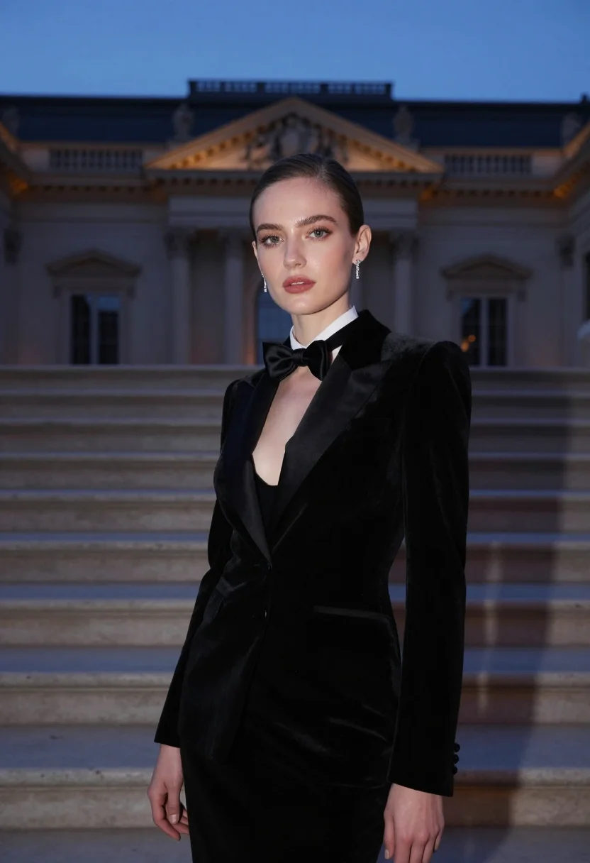 Black tie photoshoot — black velvet tuxedo gown on the steps, gala profile picture, the floodlit Palais behind