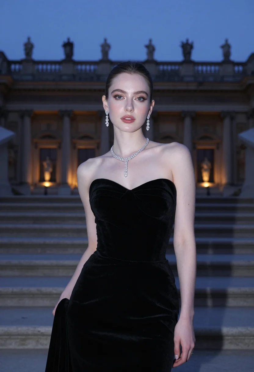 Red carpet photoshoot — black velvet strapless gown on the steps, celebrity-style profile picture