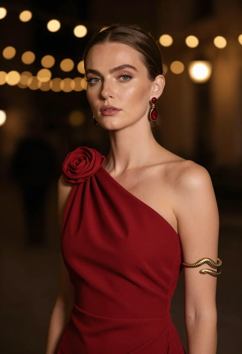 Red carpet photoshoot — scarlet gown and gold serpent cuff, editorial glamour photo at Cannes