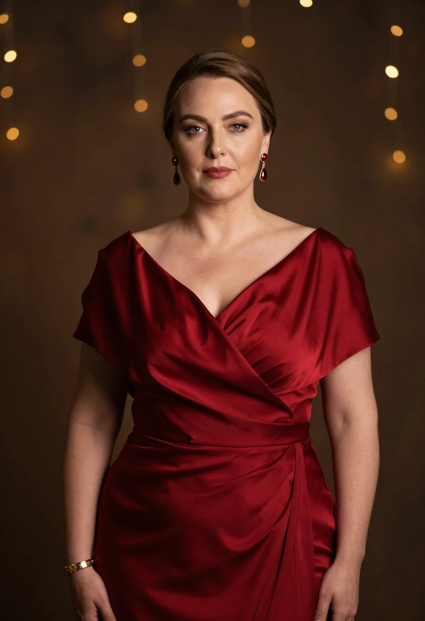 Red carpet photoshoot — scarlet silk cowl gown and ruby earrings, celebrity-style profile picture