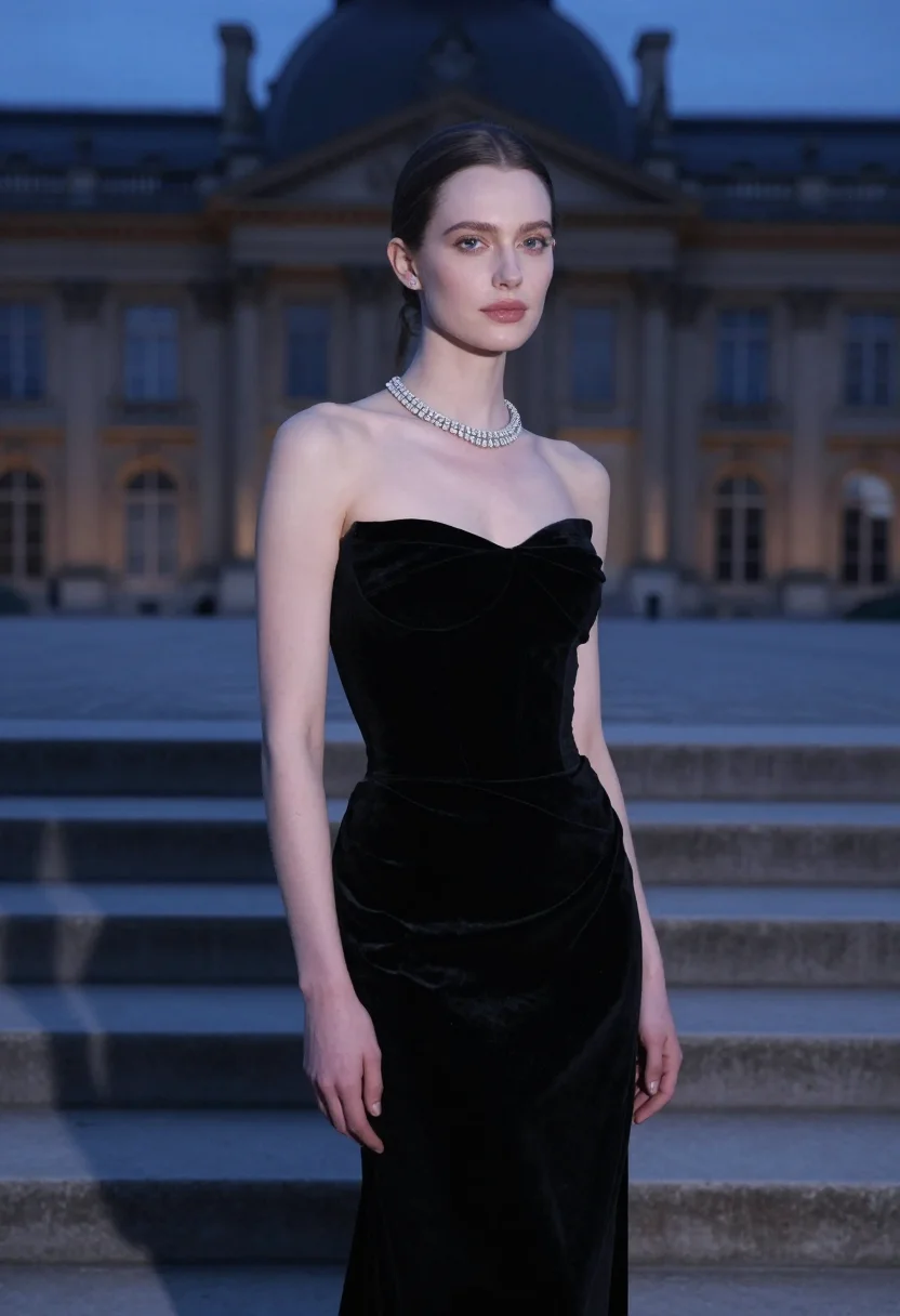 Red carpet photoshoot — black velvet gown at the top of the montée des marches, Mediterranean twilight