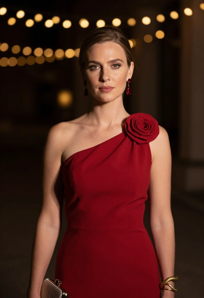 Red carpet photoshoot — scarlet one-shoulder gown, editorial glamour photo, warm festival bokeh