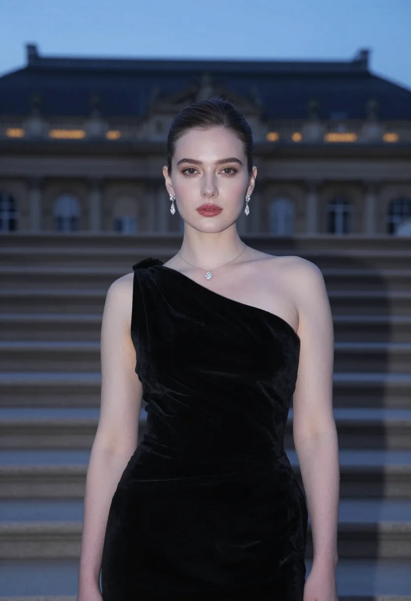 Red carpet photoshoot — black velvet one-shoulder gown and diamond drop, glamour photo, floodlit Palais behind