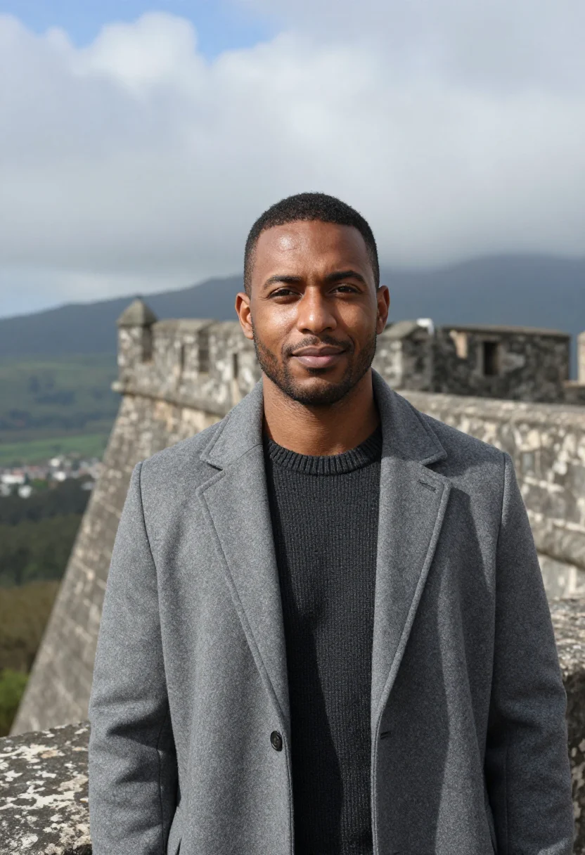 AI cap haitien historian citadel grey stone sample — portrait of a man, a historian in his mid-forties with deep