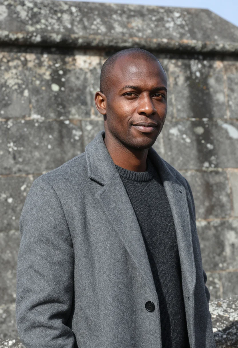AI cap haitien historian citadel grey stone sample — portrait of a man, a historian in his late thirties with dee