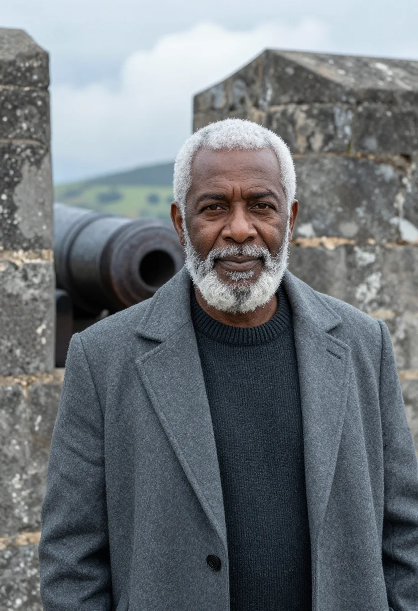 AI cap haitien historian citadel grey stone sample — portrait of a man, a historian in his early sixties with dee