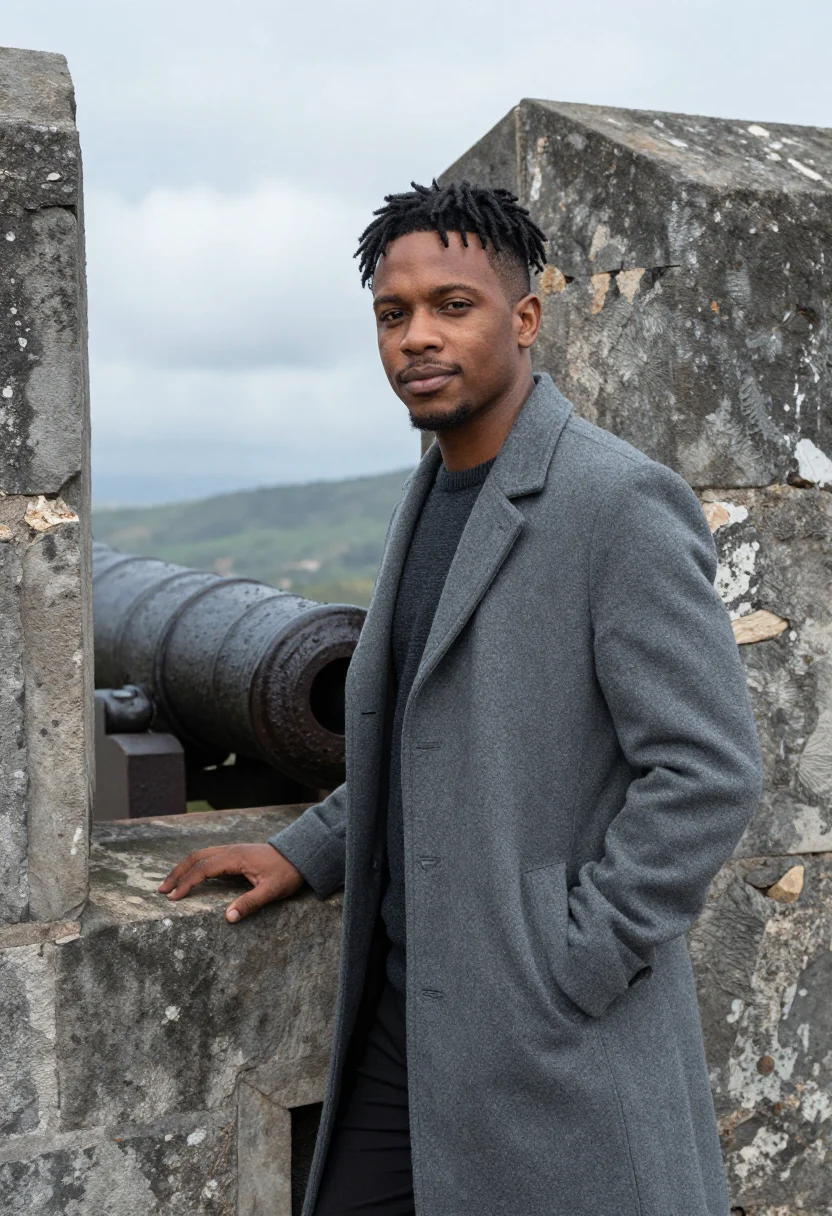 AI cap haitien historian citadel grey stone sample — portrait of a man, a historian in his mid-thirties with warm